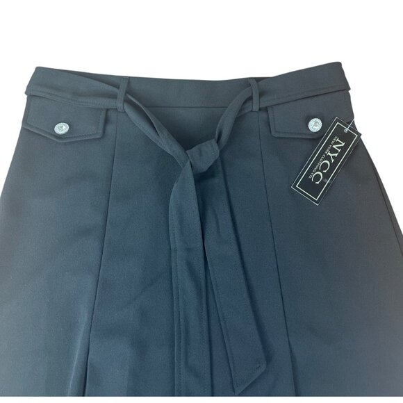 NYCC Black Pleated A-Line Skirt With Rhinestone Buttons & Waist Tie Size Medium - Picture 10 of 11